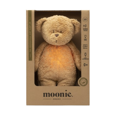 MOONIE ORGANIC 2.0: Приятелче за спокоен сън от органичен памук с нощна лампа и успокояващи звуци - МЕЧО "CAPPUCCINO"