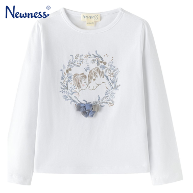 Детска блуза с дълъг ръкав за момиче с нежен принт и декоративна панделка